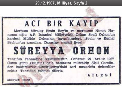 Süreyya Orhon'un vefatının ardından 29 Aralık 1967 tarihinde Milliyet Gazetesinde yayınlanan taziye ilânı