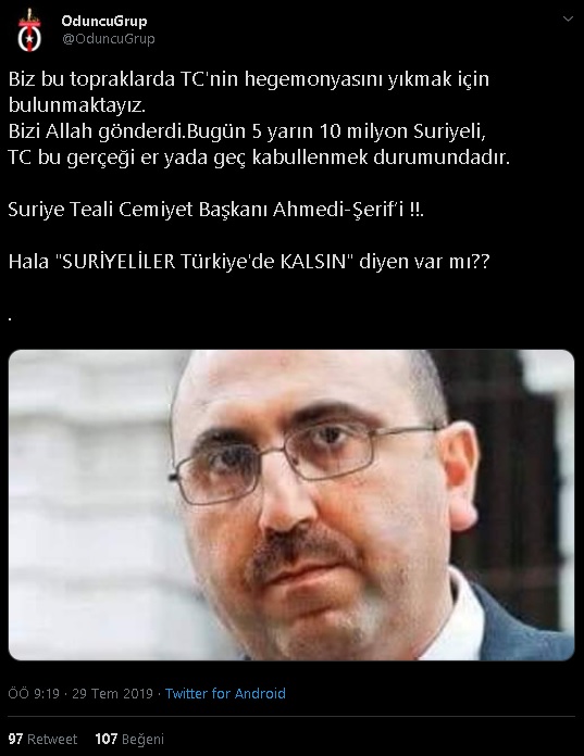 "Suriye Teali Cemiyet Başkanı Ahmedi-Şerif’i"nin "Biz bu topraklarda TC'nin hegemonyasını yıkmak için bulunmaktayız" dediğini iddia eden paylaşım