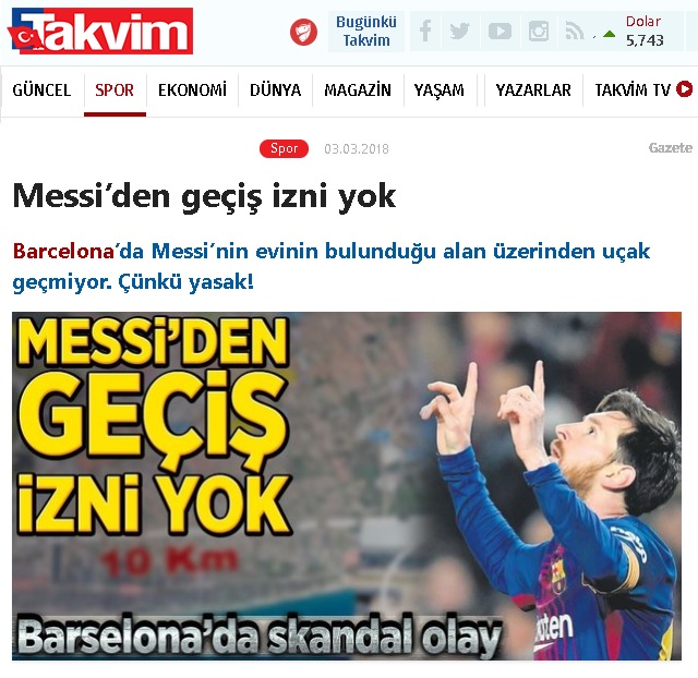 Takvim Gazetesinin "Messi’den geçiş izni yok" başlıklı haberi