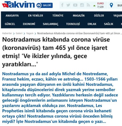 Takvim Gazetesinin Nostradamus'un 2020 yılında koronavirüs salgını oluşacağı kehaneti iddiasını içeren haberi