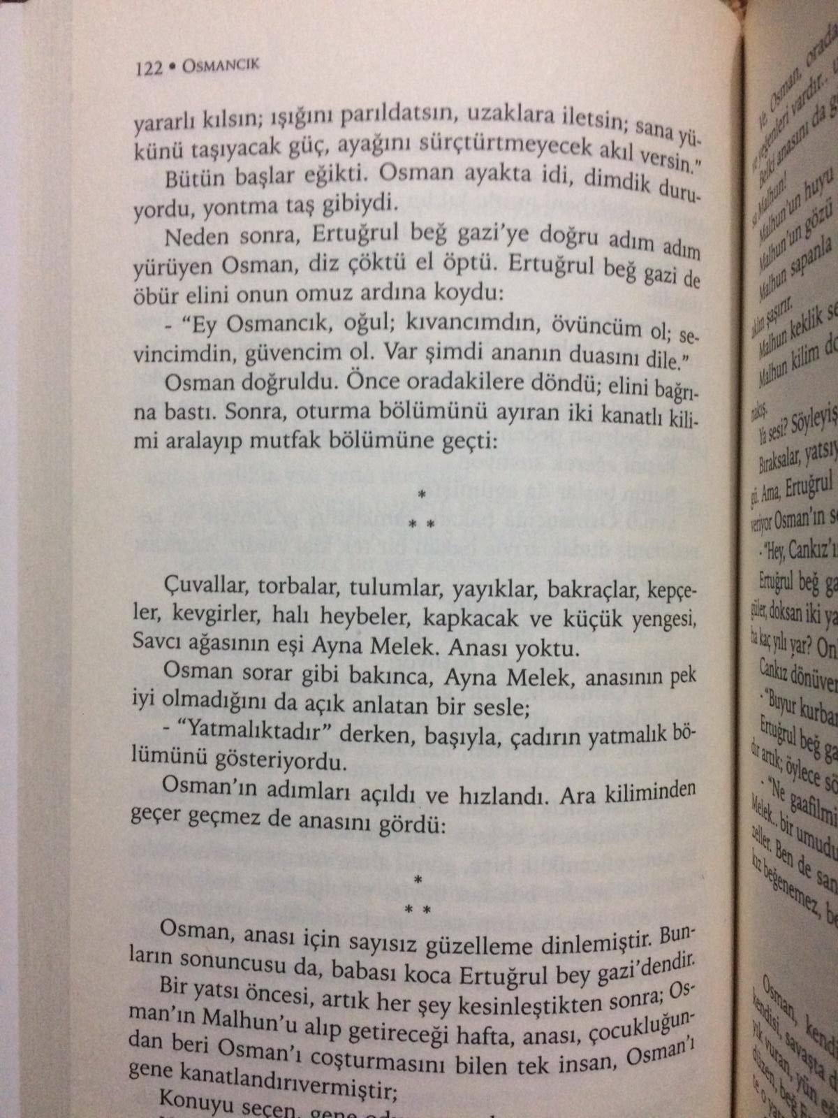 Tarık Buğra'nın Osmancık adlı romanında Şeyh Edebali'nin Osman Gazi'ye nasihatinin yer aldığı sayfa