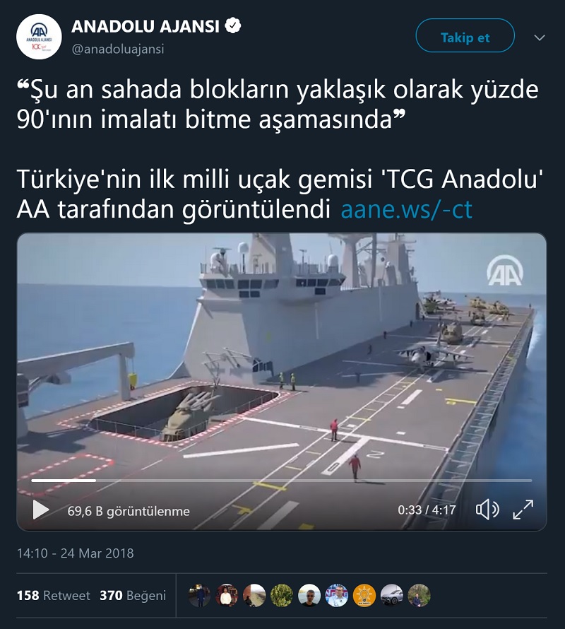 Anadolu Ajansı'nın Türkiye'nin ilk uçak gemisinin TCG Anadolu olduğunu öne sürdüğü paylaşımı