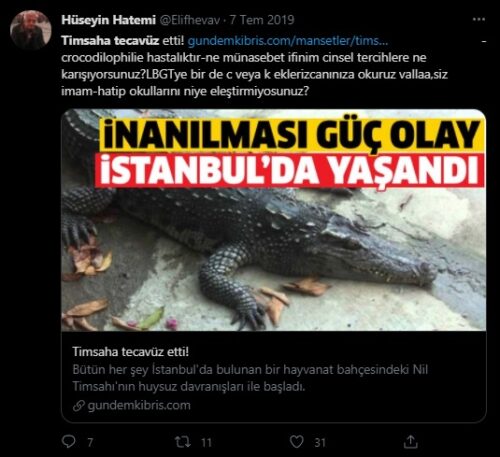 timsaha tecavüz etti iddiası