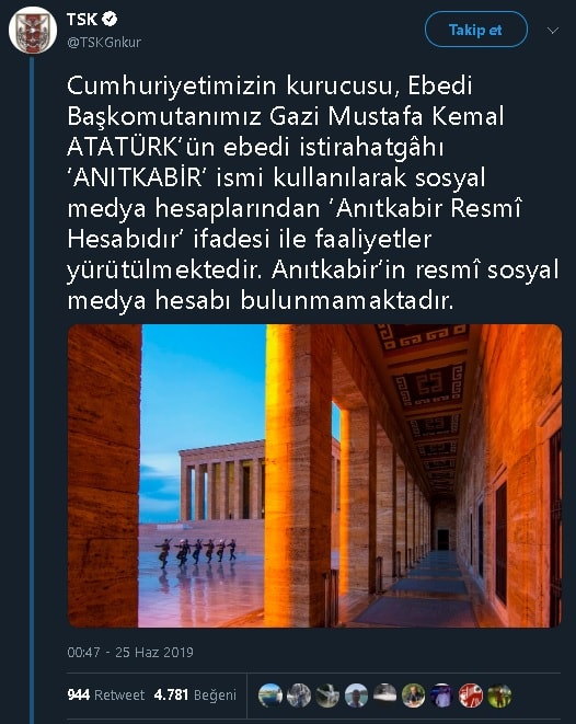 TSK'nın Anıtkabir'in Resmî Sosyal Medya Hesabı Hakkında Yaptığı Açıklama