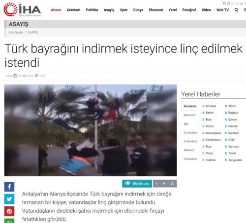 türk bayrağını indirmeye çalışana linç