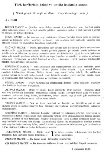 turk harflerinin kabul ve tatbiki hakkinda kanun