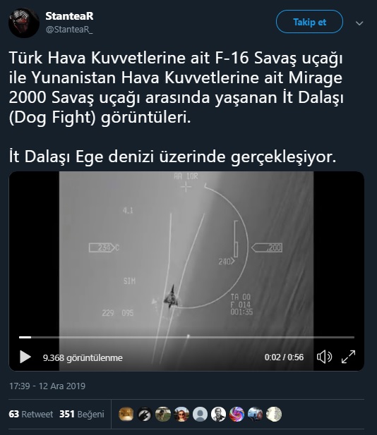 Türk ve Yunan Savaş Uçakları Arasındaki İt Dalaşına Ait Olduğu Sanılan Video Katdını Paylaşan Tweet