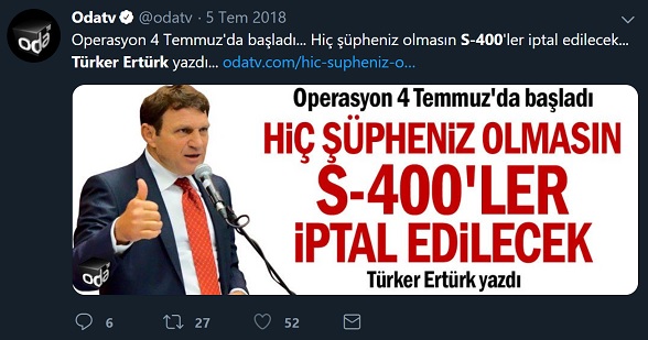 Türker Ertürk'ün S-400'lerin iptal edileceğini öne sürdüğü köşe yazısı OdaTV'de yayınlanmıştı