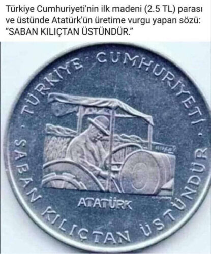 Türkiye Cumhuriyeti'nin ilk madeni parasının üzerinde saban kılıçtan üstündür