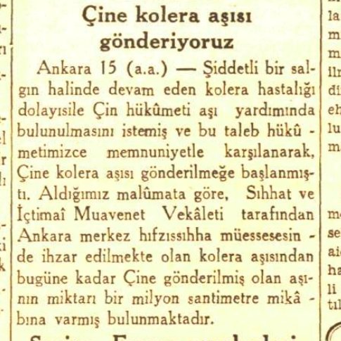 Cumhuriyet Gazetesi'nin 1938 yılında gönderilecek kolera aşısı hakkında haberi 