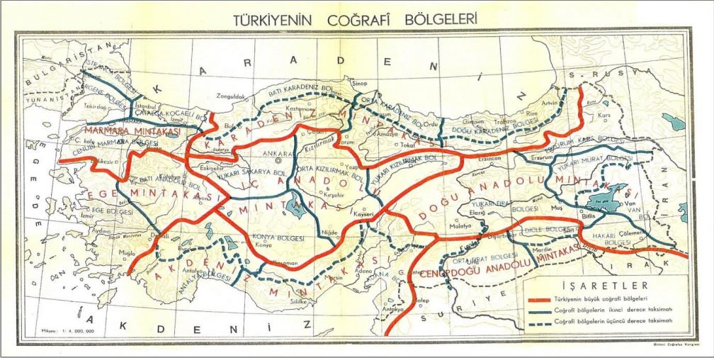 Türkiye Coğrafi Bölgeler Haritası (1941 Türk Coğrafya Kongresi’nde kabul edilen harita)