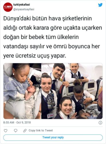 uçakta doğan bebek tüm ülkelerin vatandaşı