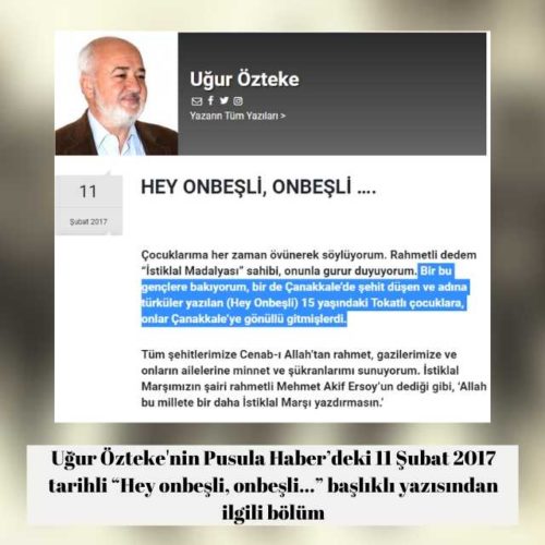 Uğur Özteke'nin Pusula Haber'deki "Hey onbeşli, onbeşli..." başlıklı 11 Şubat 2017 tarihli yazısı