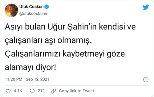 uğur şahin aşı olmadı