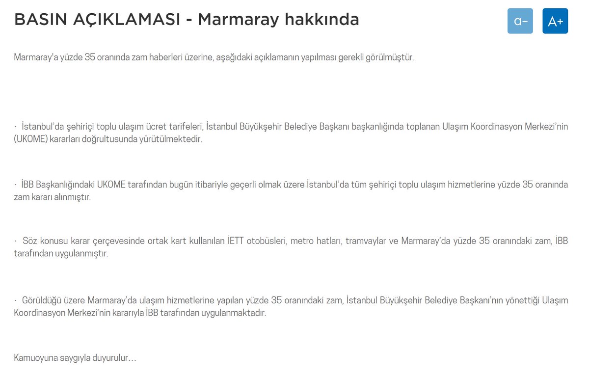 Ulaştırma ve Altyapı Bakanlığı tarafından Marmaray ulaşım zammının TCDD tarafından değil UKOME tarafından gerçekleştirildiğini aktaran basın duyurusu