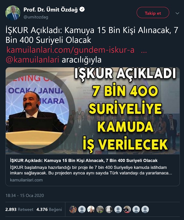 Ümit Özdağ'ın İŞKUR'un 7400 Suriyeliyi kamuya alacağı iddiasına yer verdiği paylaşımı