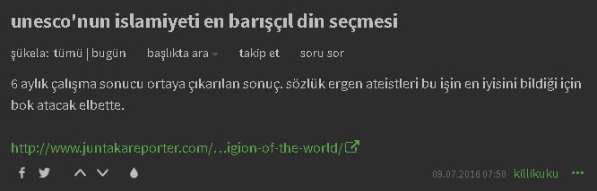 UNESCO'nun İslâmı, "en barışçıl din" seçtiği iddiasını öne süren Ekşi Sözlük girdisi