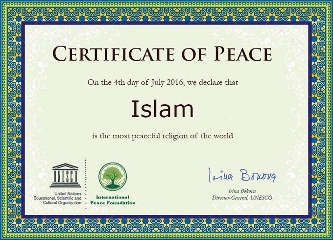 UNESCO'nun İslamiyeti en barışçıl din seçtiğini gösterdiği iddia edilen sahte sertifika