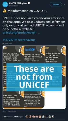 UNICEF'in kurumlarına atfedilen koronavirüs uyarıları içerikli metnin kendilerine ait olmadığını duyurduğu paylaşımı