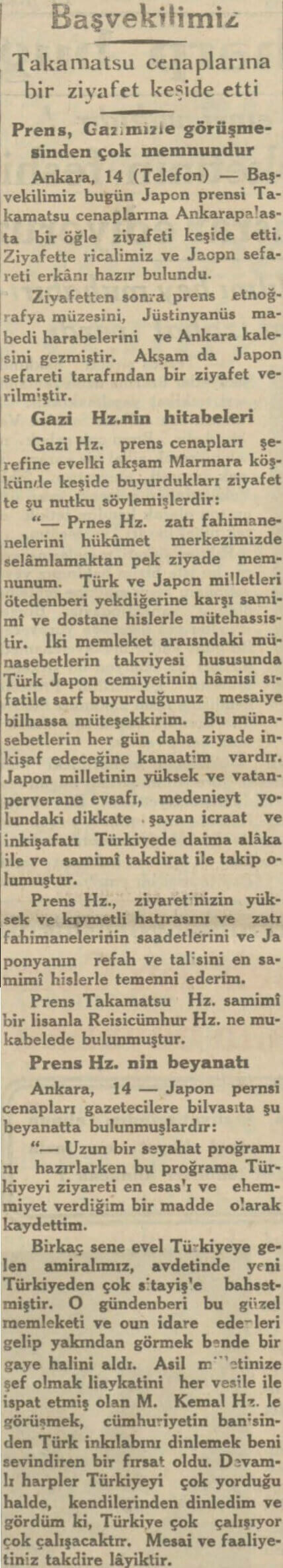 Atatürk japon prensi takamatsu ziyareti
