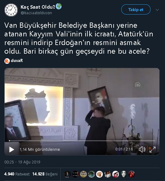 Van Büyükşehir Belediyesi Başkanlığı pozisyonuna atanan kayyumun makamındaki ilk icraatının Atatürk'ün portresini indirmek olduğunu iddia eden sosyal medya paylaşımı