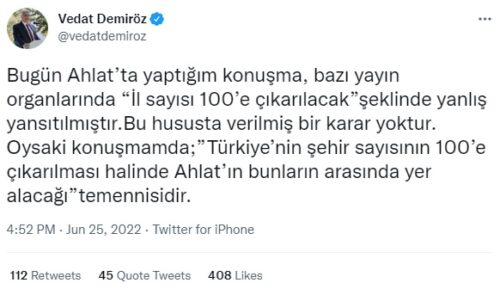 vedat demiroz il sayisi 100