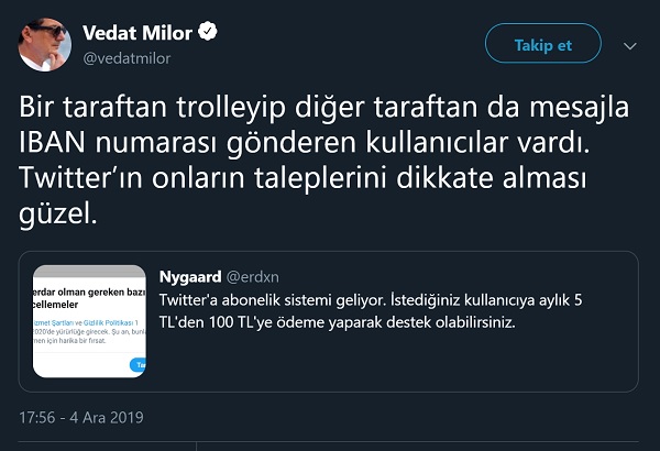 Vedat Milör'ün Twitter'a abonelik sisteminin geldiğini sandığı tweeti