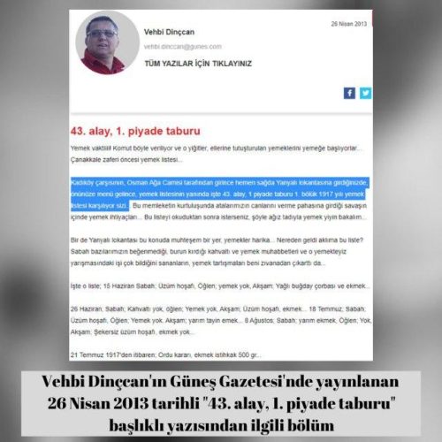 Vehbi Dinçcan'ın Güneş Gazetesi'ndeki 26 Nisan 2013 tarihli "43. alay, 1. piyade taburu" başlıklı yazısı