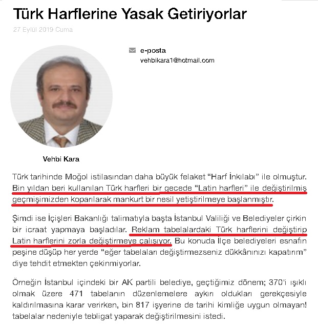 Vehbi Kara'nın "Türk Harflerine Yasak Getiriyorlar" başlıklı köşe yazısından bir bölüm