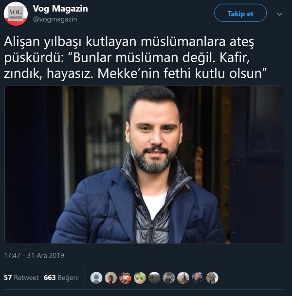 Vog Magazin adlı parodi magazin haber profilinin Alişan'ın yılbaşı kutlayanlar için "kâfir, zındık ve hayasız" dediğine yönelik paylaşımı