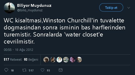 WC kısaltmasının Winston Churchill'in tuvalette doğmasından dolayı ad ve soyadından türetildiği iddiasını paylaşan tweet