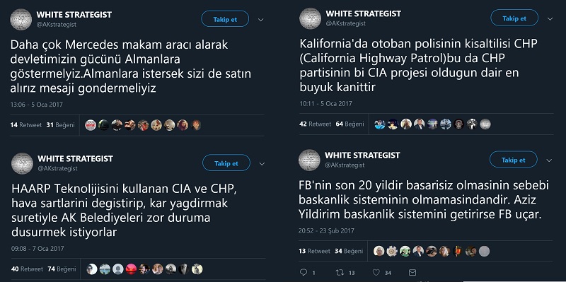 White Strategist adlı "AKstrategist" uzantılı profilin ters trolleme içeren tweetlerinden örnekler