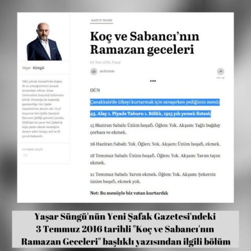 Yaşar Süngü'nün Yenişafak Gazetesi'nde yayınlanan "Koç ve Sabancı’nın Ramazan geceleri" başlıklı 3 Temmuz 2016 tarihli yazısı