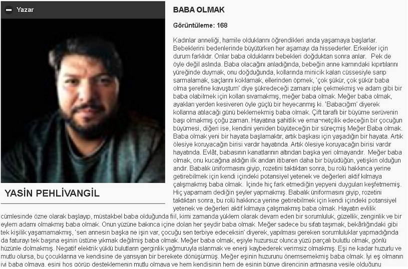 Yasin Pehlivangil'in Dumlupınar Gazetesinde 15 Haziran 2019 tarihinde yayınlanan "Baba Olmak" başlıklı yazısı