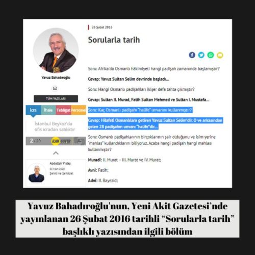 Yavuz Bahadıroğlu'nun Yeni Akit Gazetesi'ndeki "Sorularla tarih" başlıklı 26 Şubat 2016 tarihli yazısı