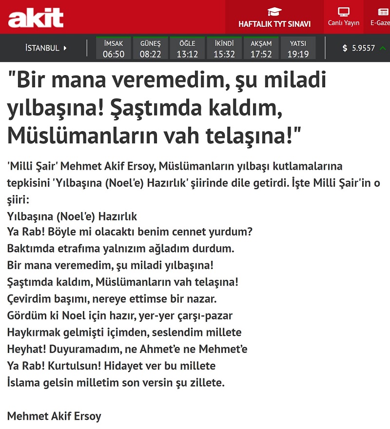 Mehmet Akif Ersoy'a ait sanılan tepkisel "yılbaşı şiiri"ni içeren Yeni Akit haberi