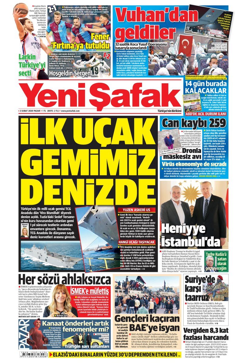 Yeni Şafak Gazetesinin 2 Şubat 2020 tarihli sayısının "İlk Uçak Gemimiz Denizde" manşetli kapak sayfası