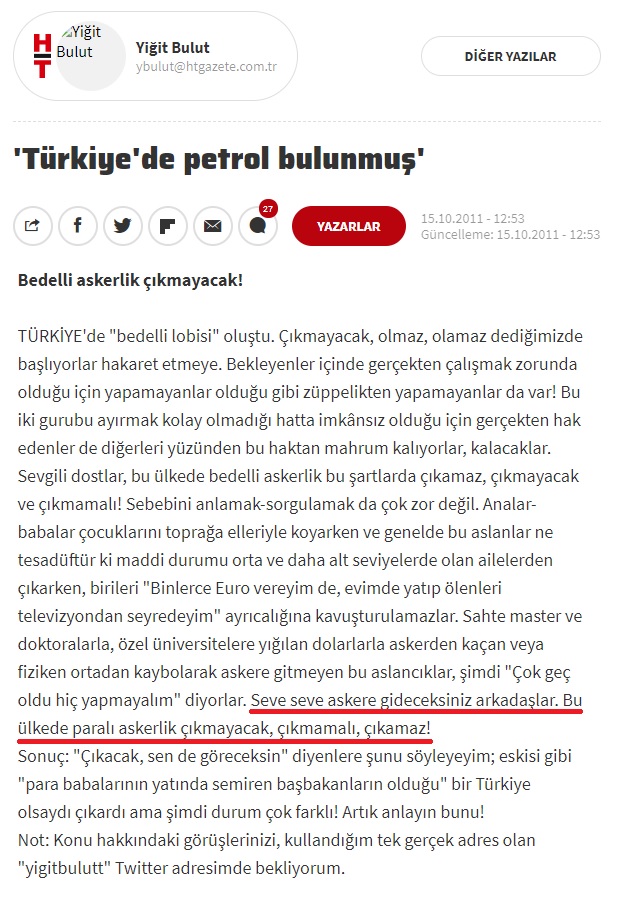 Yiğit Bulut'un bedelli askerliğe karşı çıktığı ve bedellinin çıkmayacağını öne sürdüğü köşe yazısından ilgili bölüm