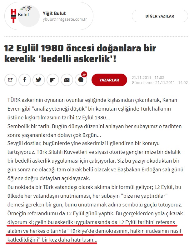 Yiğit Bulut'un bedelli askerliği desteklediği köşe yazısından ilgili bölüm