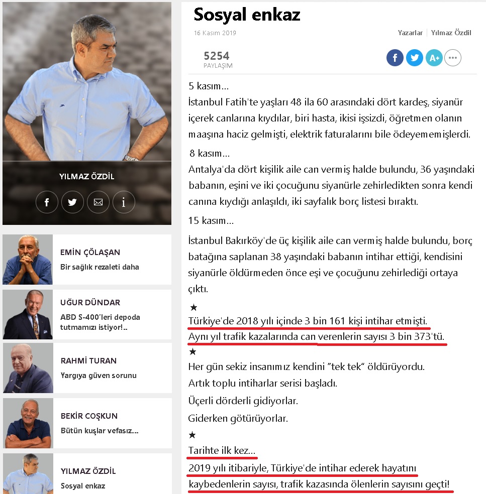 Yılmaz Özdil'in Sözcü Gazetesinde "Sosyal Enkaz" başlığıyla 16 Kasım 2019 tarihinde yayınlanan yazısı