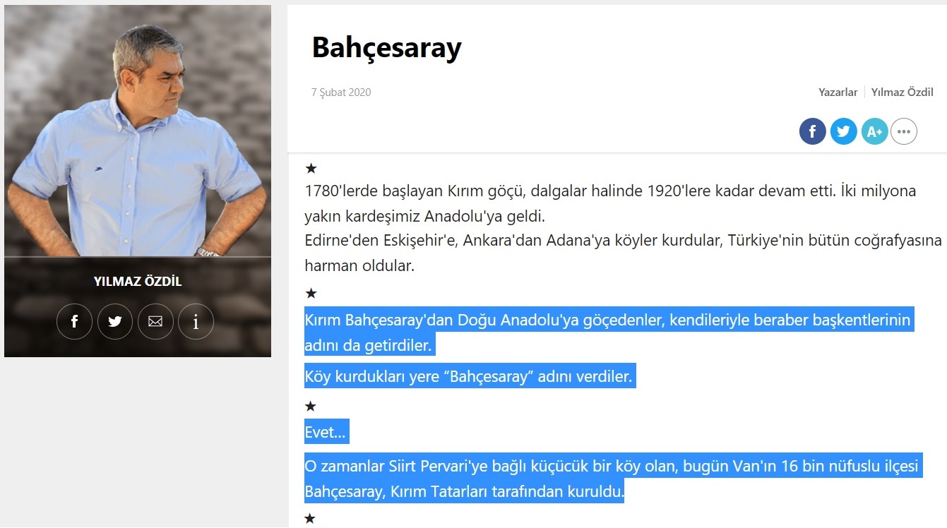 Yılmaz Özdil'in Sözcü Gazetesindeki "Bahçesaray" başlıklı 7 Şubat 2020 tarihli yazısında Bahçesaray'a ilişkin hatalı bilgi paylaştığı bölüm