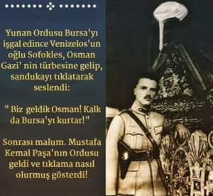 Yunan Komutan Sofoklis Venizelos'un Osman Gazinin kabrini tekmelediğini iddia eden görsel