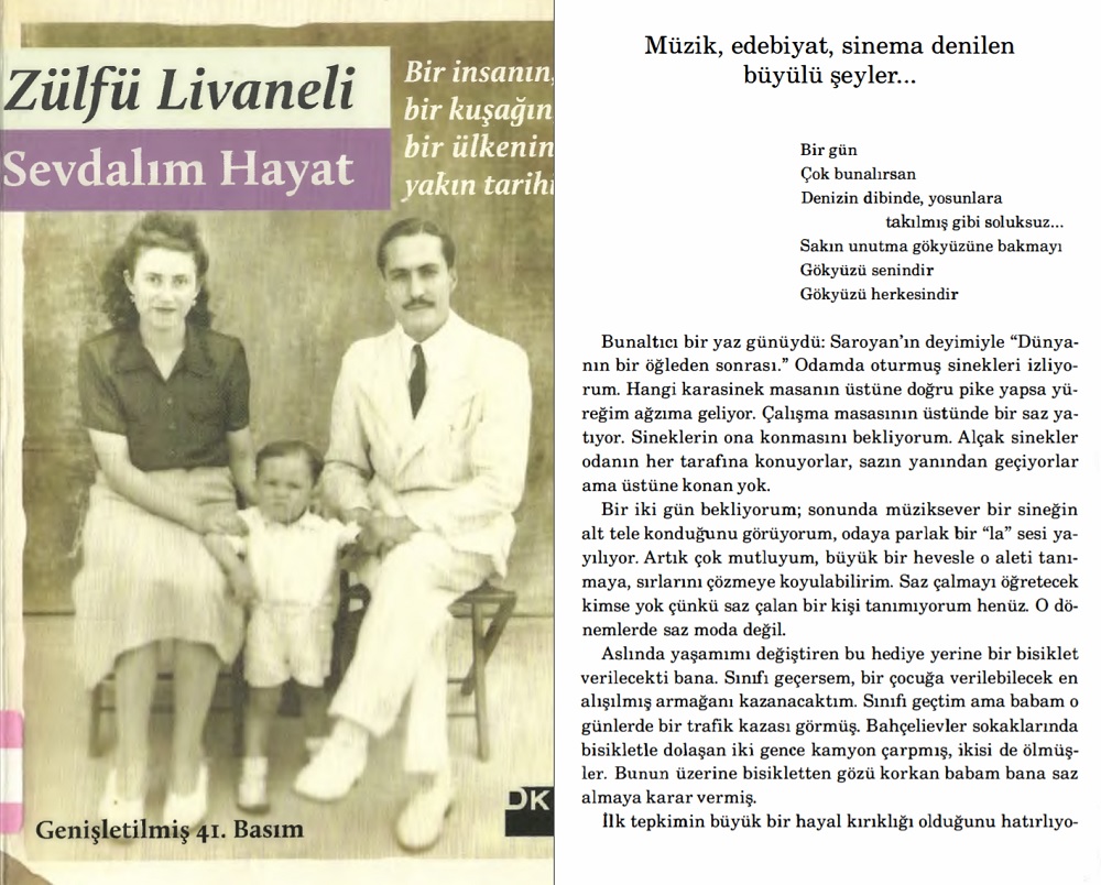 Zülfü Livaneli'nin "Sevdalım Hayat" adlı kitabında "Gökyüzü Herkesindir" şiirinin geçtiği sayfa